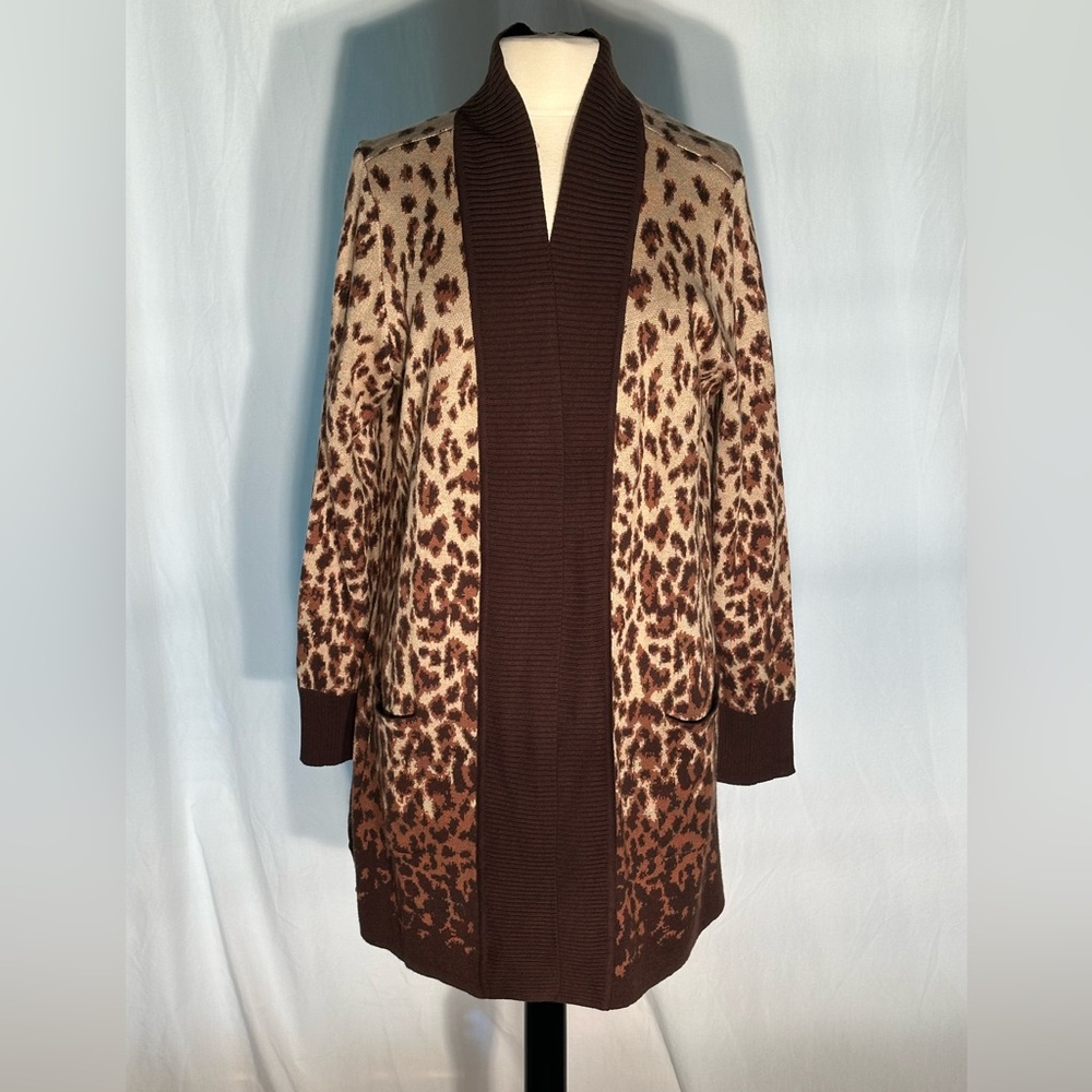 Like New - Isaac Mizrahi Live Brown Ombré Animal Print Open Front Long Cardigan
